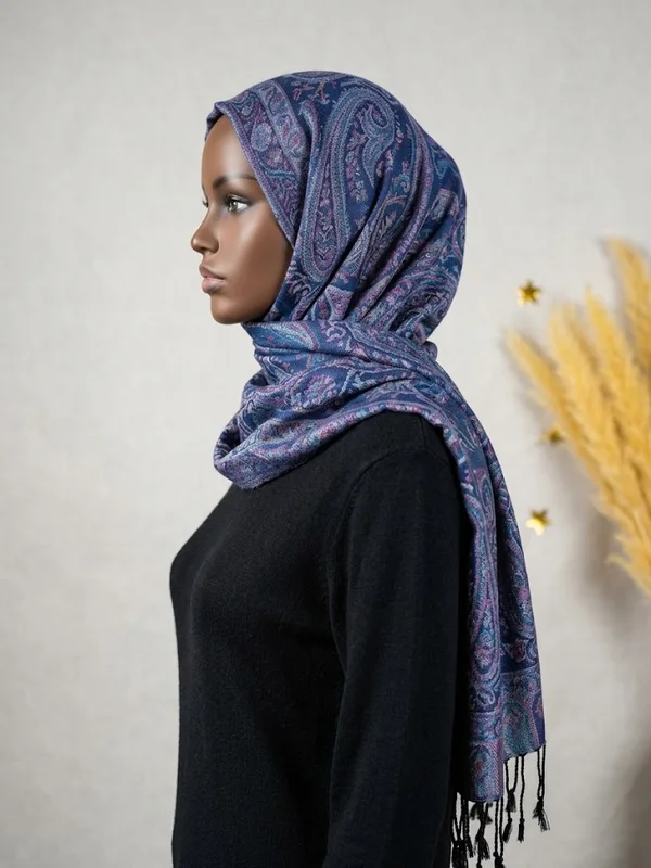 Mannequin de profil portant un voile bleu et violet à motifs